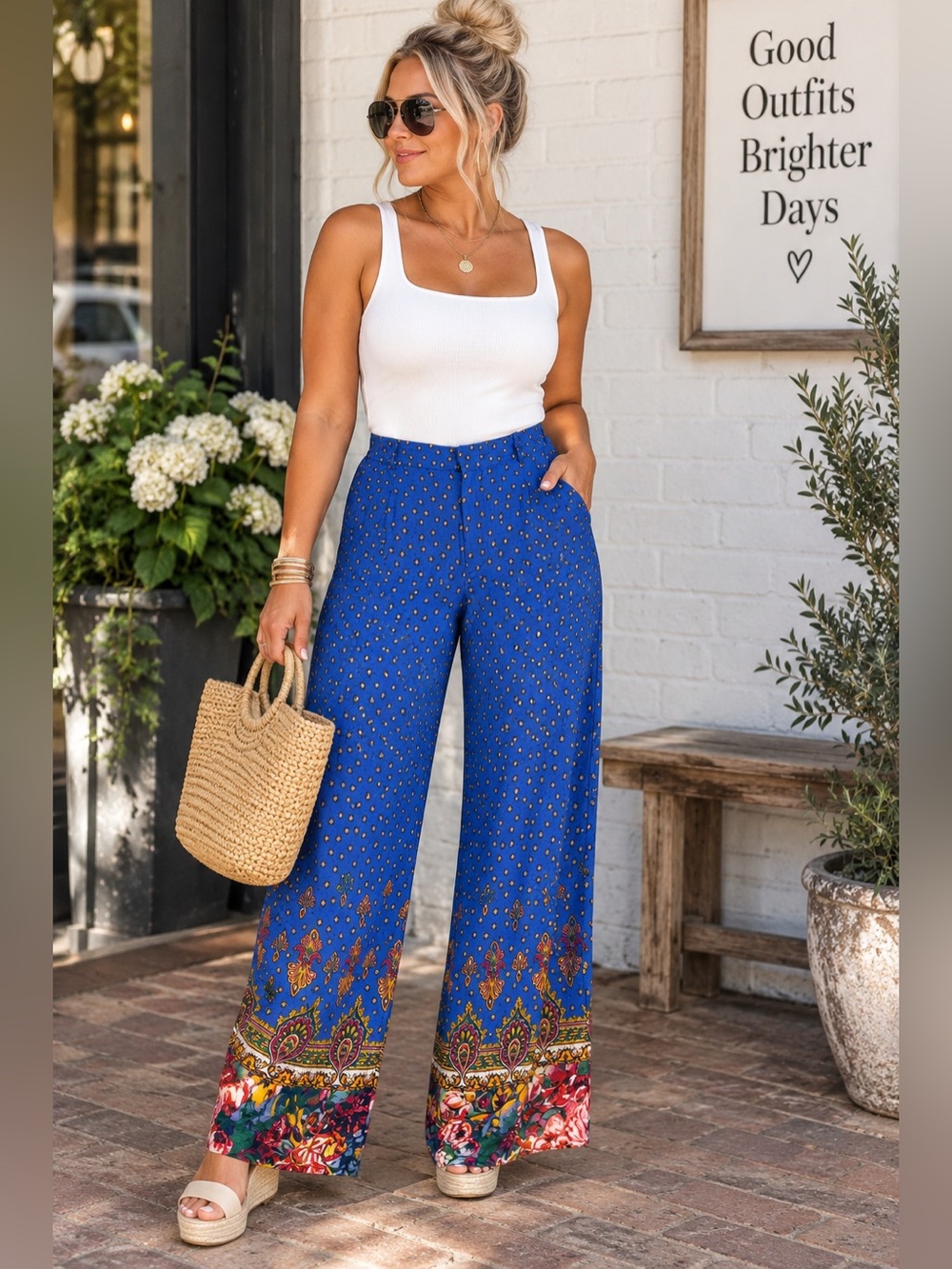 Anthropologie Royal Blue Floral Border Wide-Leg Pants